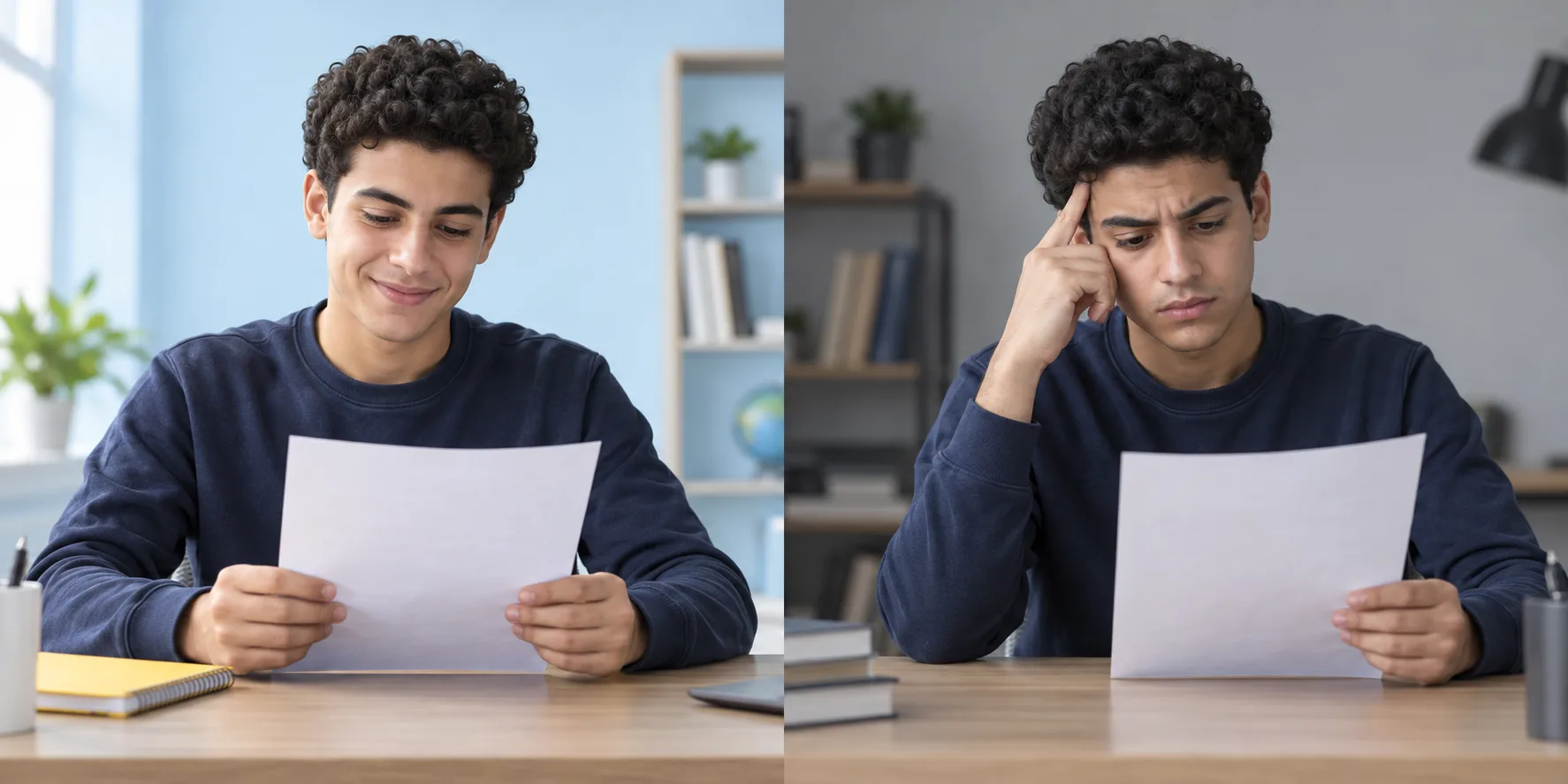مشهد توضيحي لطالب قلق وهو بيقرأ ورقة امتحان