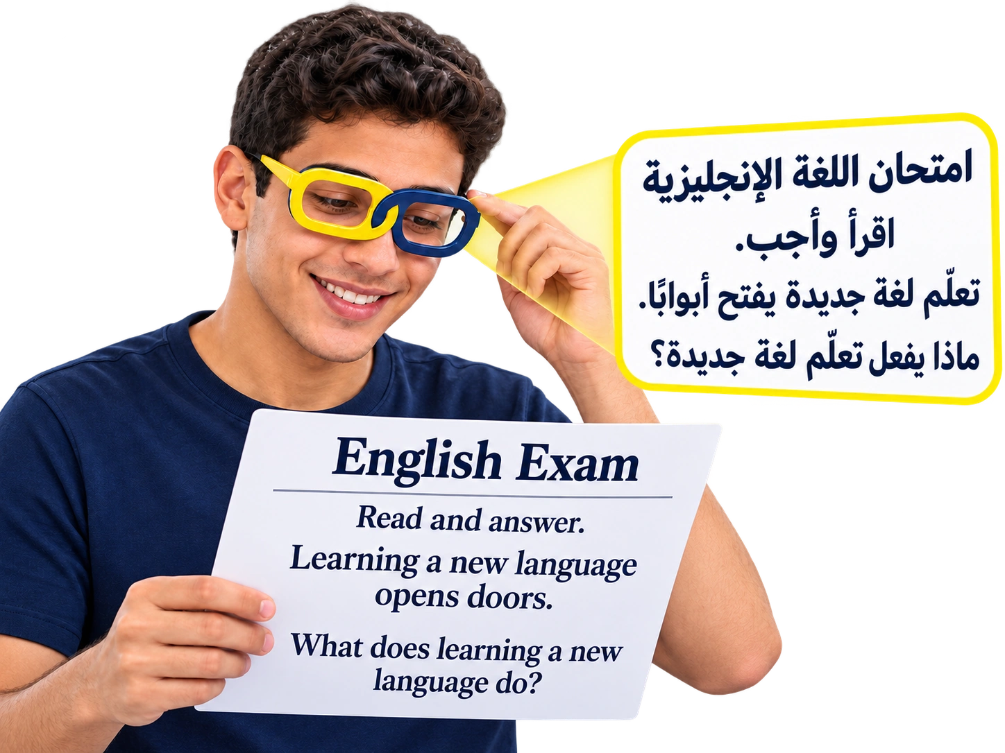 طالب يرتدي نظارة بألوان مربوطة؛ ينظر إلى امتحان بالإنجليزية فتظهر معانيه بالعربية